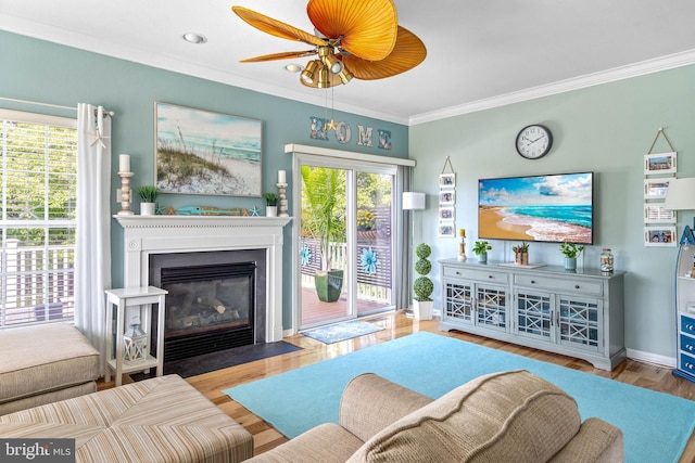 living room featuring hardwood / wood-style flooring and crown molding