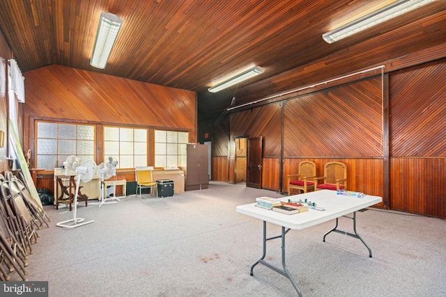 game room with wooden ceiling, carpet, and lofted ceiling