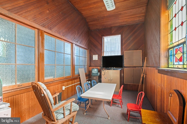 interior space with wooden ceiling, wood walls, and vaulted ceiling