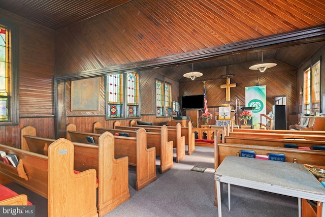 misc room with carpet flooring, wooden walls, and wooden ceiling