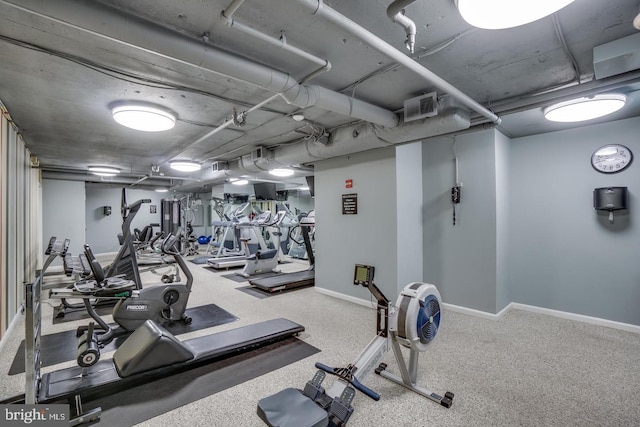 exercise room featuring carpet flooring