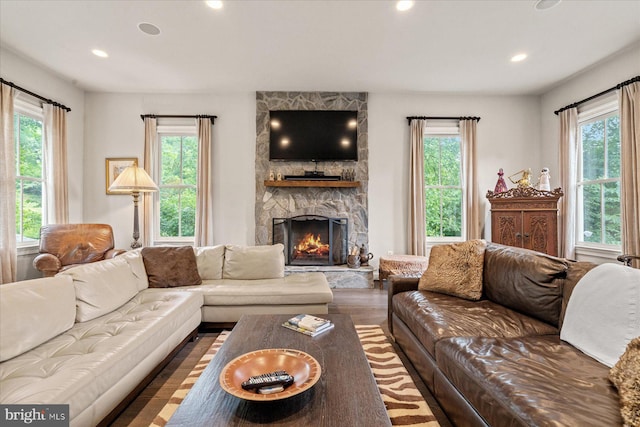 living room with a stone fireplace and hardwood / wood-style flooring