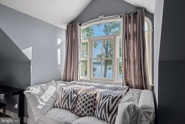 bedroom with multiple windows, lofted ceiling, and a water view