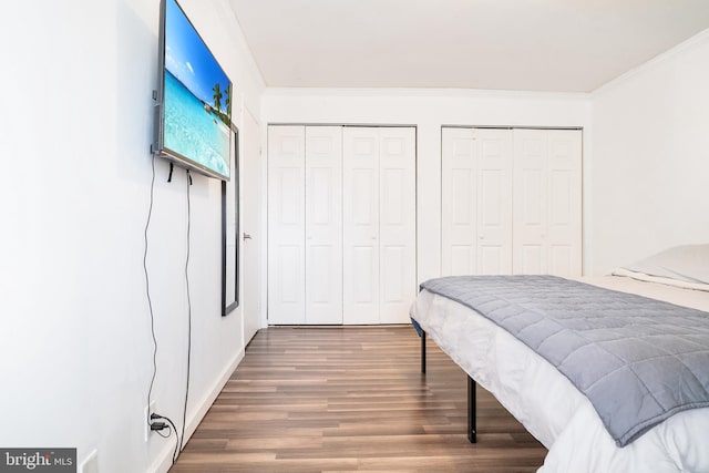 bedroom featuring dark wood-type flooring, two closets, and ornamental molding