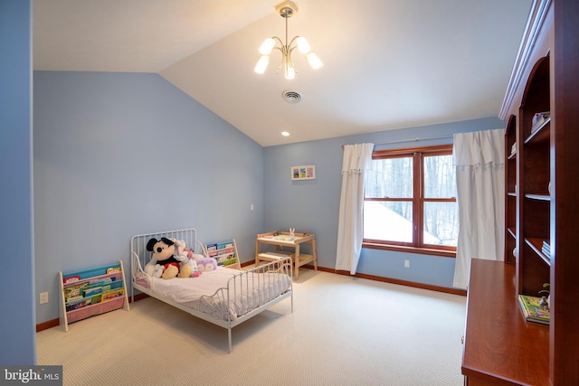 carpeted bedroom featuring lofted ceiling and a notable chandelier