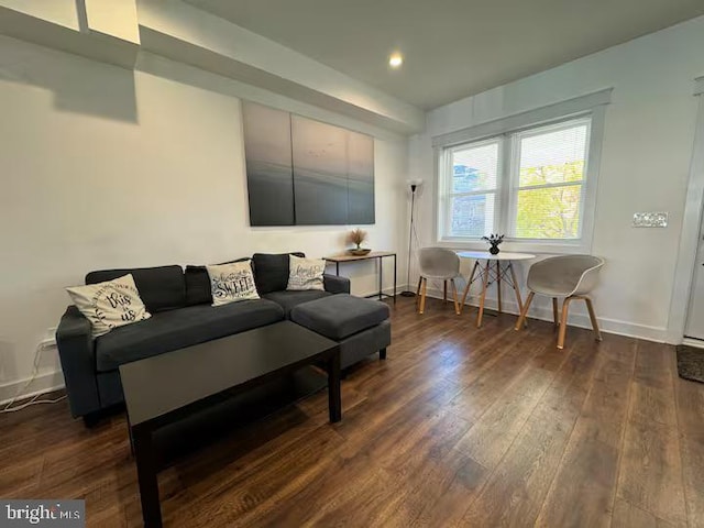 living area with baseboards and dark wood-type flooring