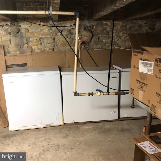 basement with refrigerator