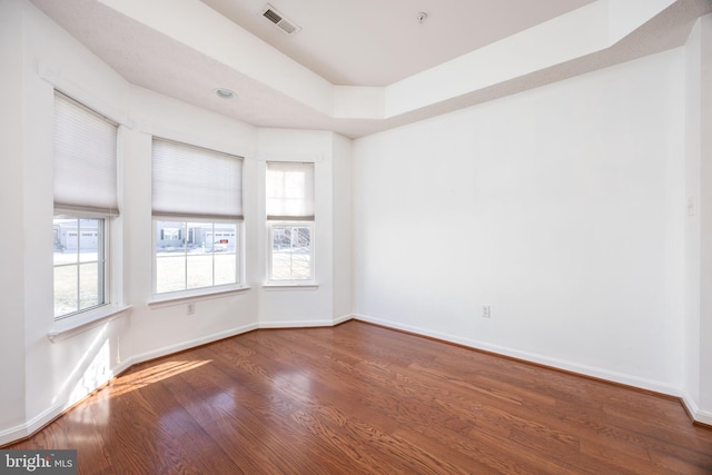 empty room with plenty of natural light, a raised ceiling, and hardwood / wood-style floors