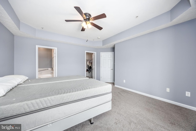 carpeted bedroom with a closet, a walk in closet, a raised ceiling, and ceiling fan