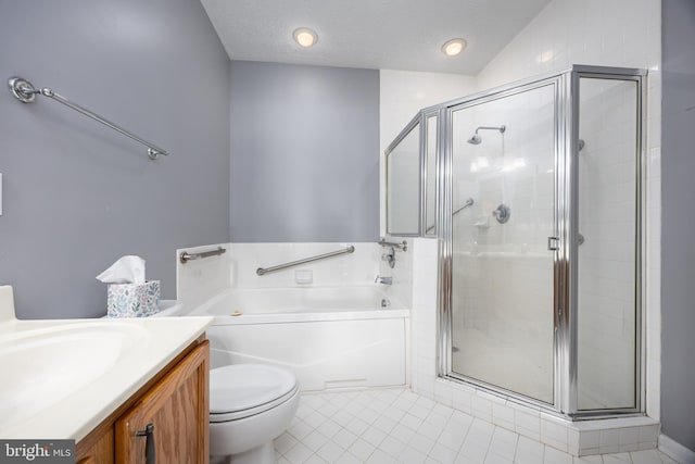 full bathroom featuring vanity, shower with separate bathtub, a textured ceiling, and toilet