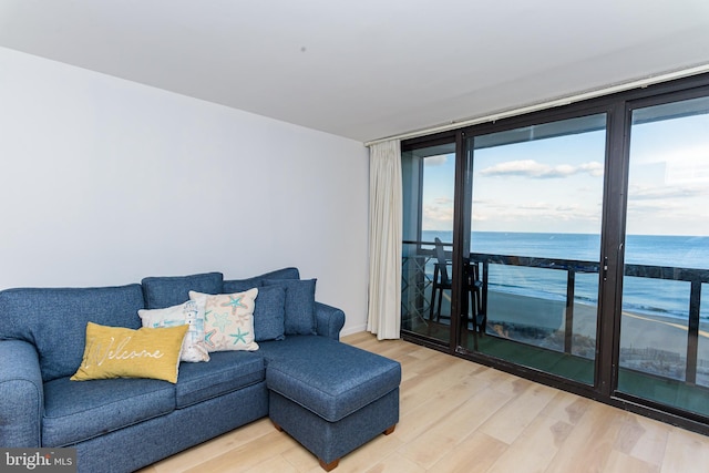 living room featuring a water view, a wall of windows, and hardwood / wood-style flooring