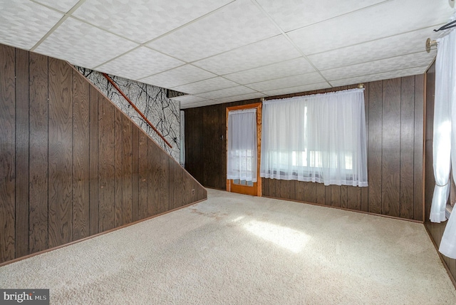 basement with carpet and wood walls