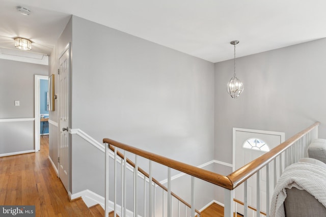 hallway with a notable chandelier and wood-type flooring