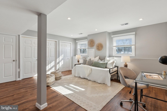 bedroom featuring multiple closets, dark wood-type flooring, and multiple windows