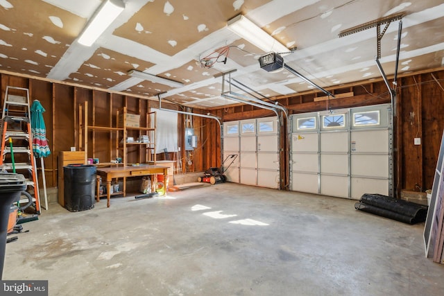 garage with a garage door opener and electric panel