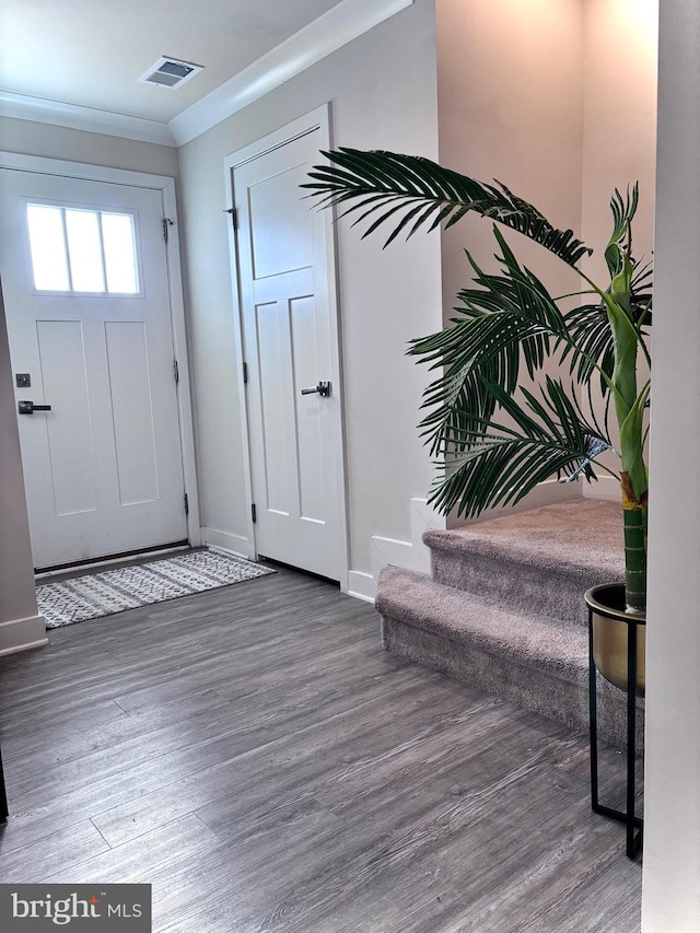 entrance foyer with dark hardwood / wood-style flooring and crown molding