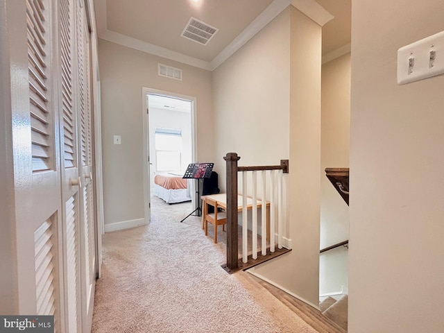 hall featuring light carpet and crown molding