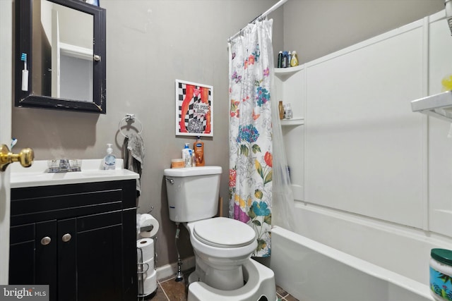 full bathroom with tile patterned floors, toilet, vanity, and shower / bath combination with curtain