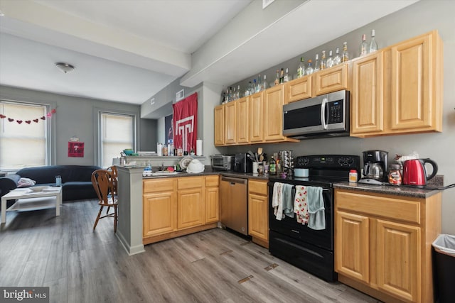 kitchen with appliances with stainless steel finishes, light hardwood / wood-style flooring, and kitchen peninsula