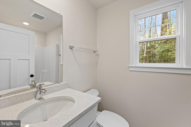 bathroom featuring a shower, a wealth of natural light, toilet, and vanity