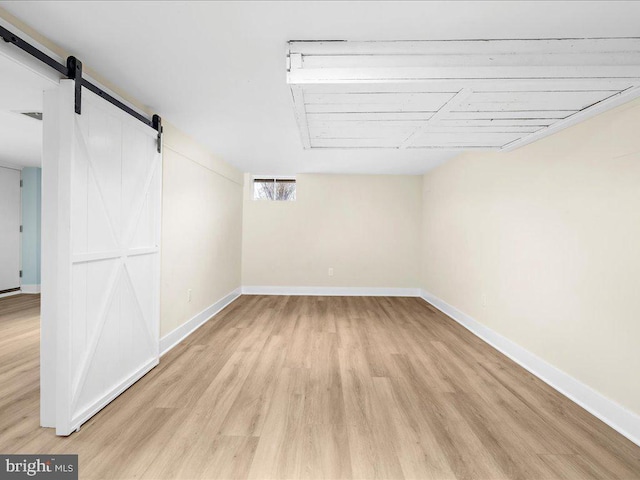 interior space featuring light hardwood / wood-style flooring and a barn door