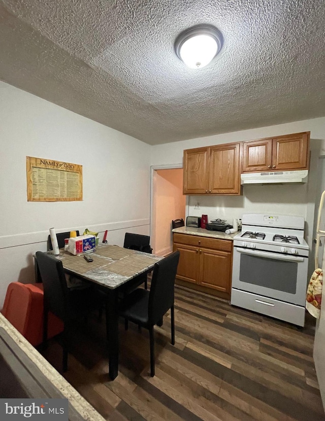 kitchen featuring white range with gas stovetop, dark hardwood / wood-style flooring, and a textured ceiling