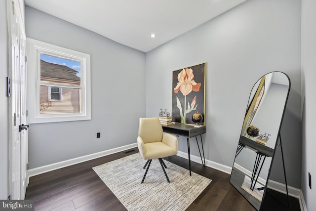 home office featuring dark hardwood / wood-style flooring