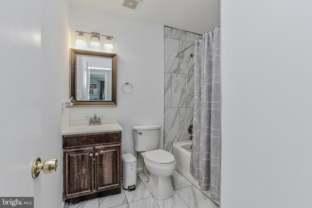 full bathroom with toilet, vanity, and shower / tub combo with curtain