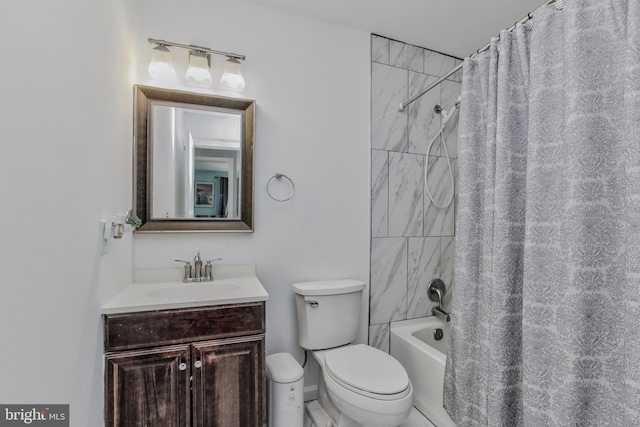 full bathroom featuring toilet, shower / bath combination with curtain, and vanity