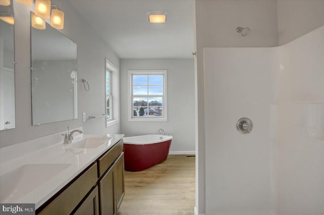 bathroom featuring hardwood / wood-style flooring, a tub to relax in, and vanity