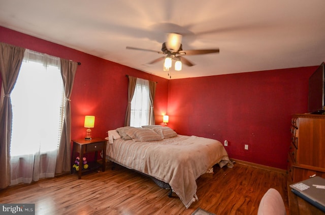 bedroom with ceiling fan and wood-type flooring