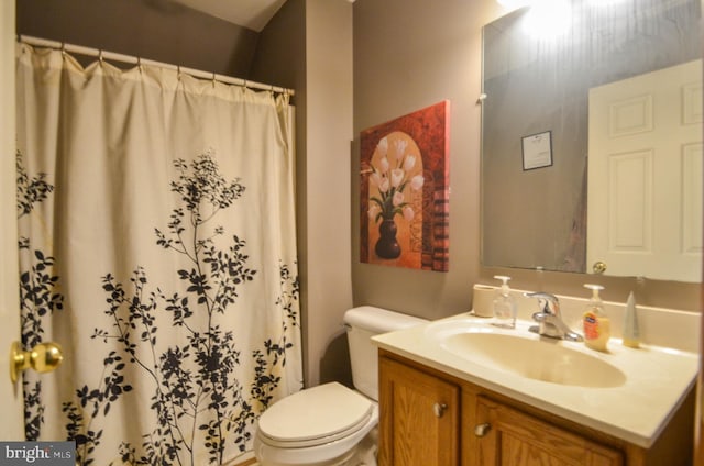 bathroom featuring toilet, walk in shower, and vanity