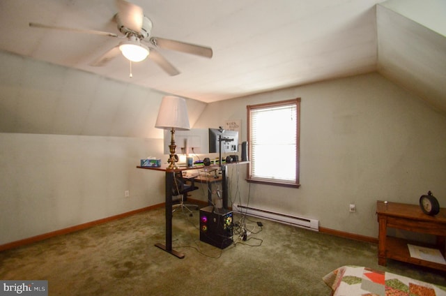 carpeted office with vaulted ceiling, baseboard heating, and ceiling fan