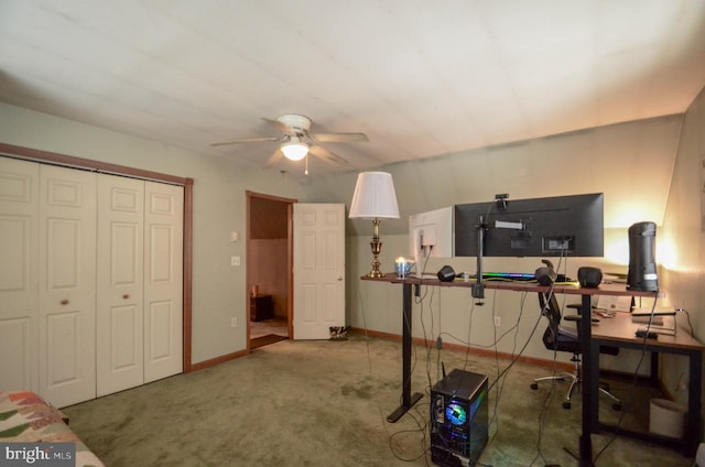 office featuring ceiling fan and carpet flooring