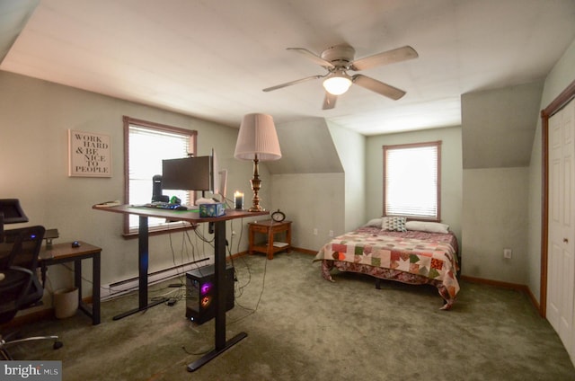 bedroom with ceiling fan, carpet flooring, a closet, and multiple windows