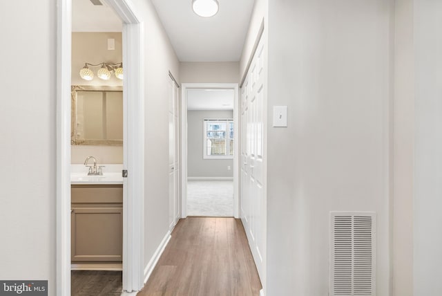 hall with sink and wood-type flooring