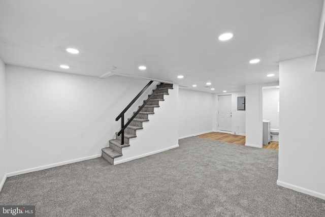 basement featuring carpet flooring and electric panel