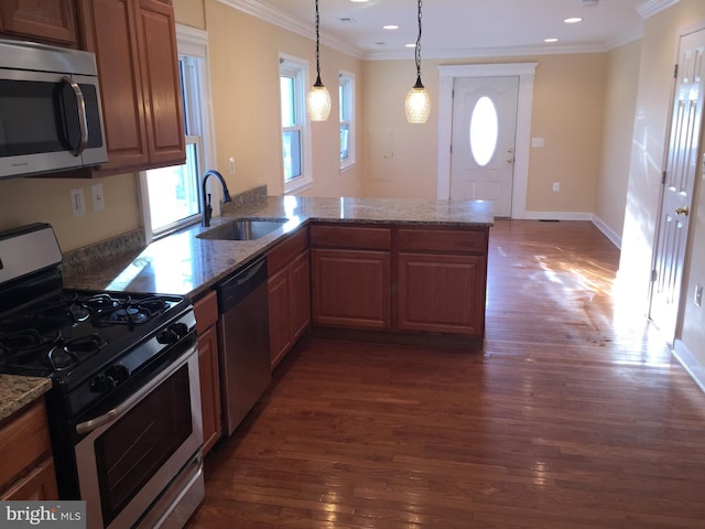 kitchen with appliances with stainless steel finishes, sink, ornamental molding, kitchen peninsula, and dark wood-type flooring