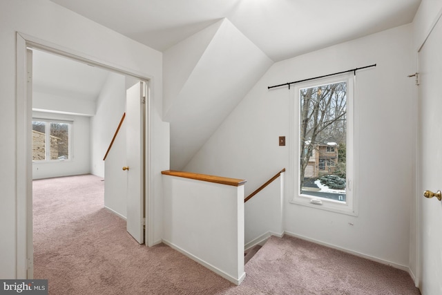 interior space with vaulted ceiling, a wealth of natural light, and carpet