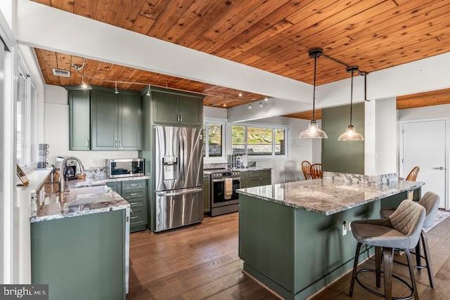 kitchen featuring wooden ceiling, pendant lighting, stainless steel appliances, and green cabinetry