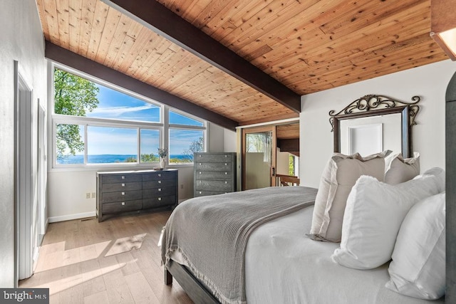 bedroom with wooden ceiling, light hardwood / wood-style flooring, and beam ceiling