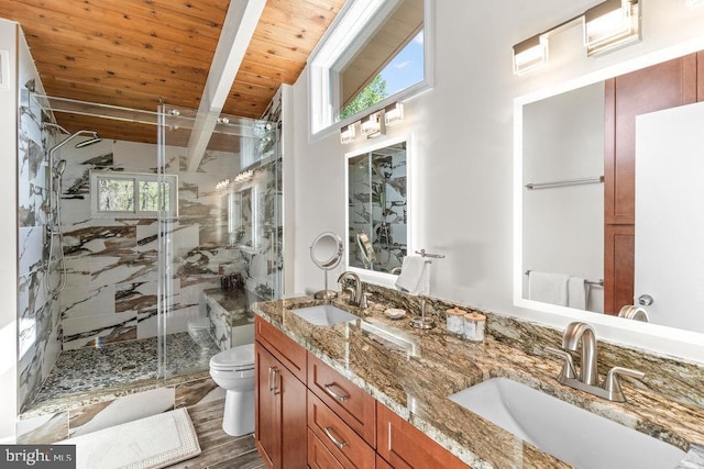 bathroom with toilet, wood ceiling, a shower with shower door, hardwood / wood-style flooring, and lofted ceiling with beams