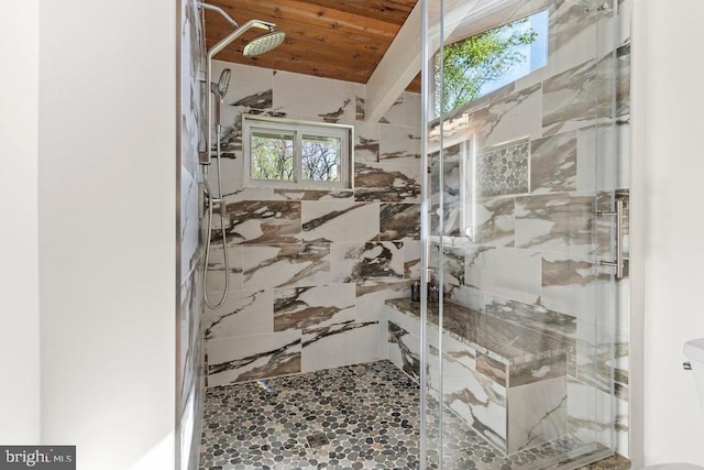 bathroom with wooden ceiling, an enclosed shower, and plenty of natural light