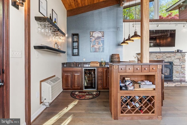 bar with wooden ceiling, dark hardwood / wood-style flooring, lofted ceiling, beverage cooler, and sink