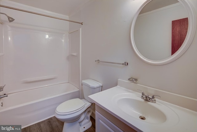 full bathroom featuring vanity, bathing tub / shower combination, wood-type flooring, and toilet