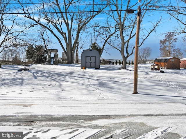 yard covered in snow featuring a storage shed