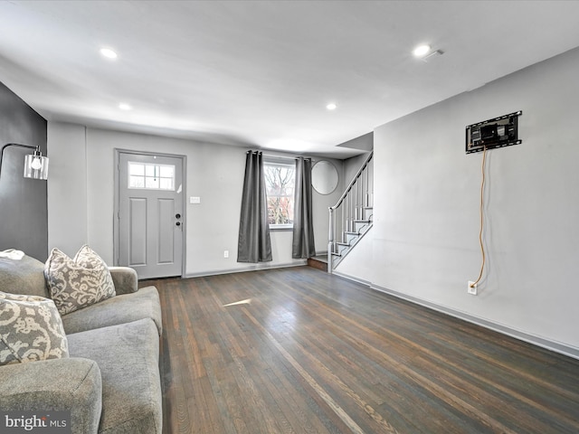 living room with dark wood-type flooring