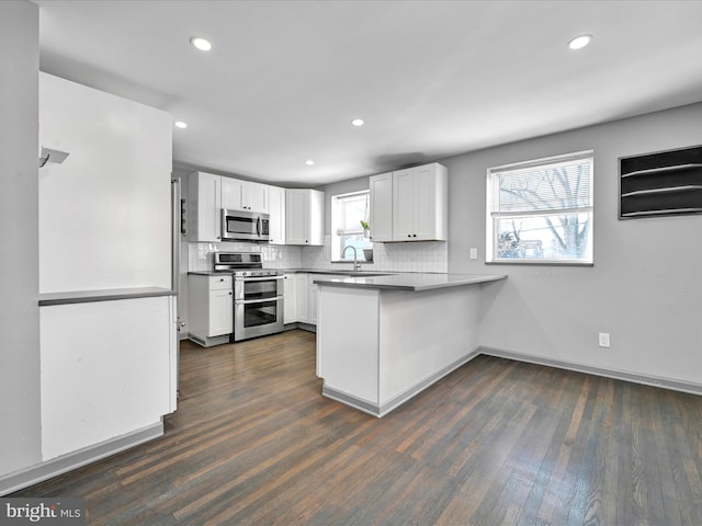 kitchen featuring white cabinetry, sink, kitchen peninsula, backsplash, and stainless steel appliances