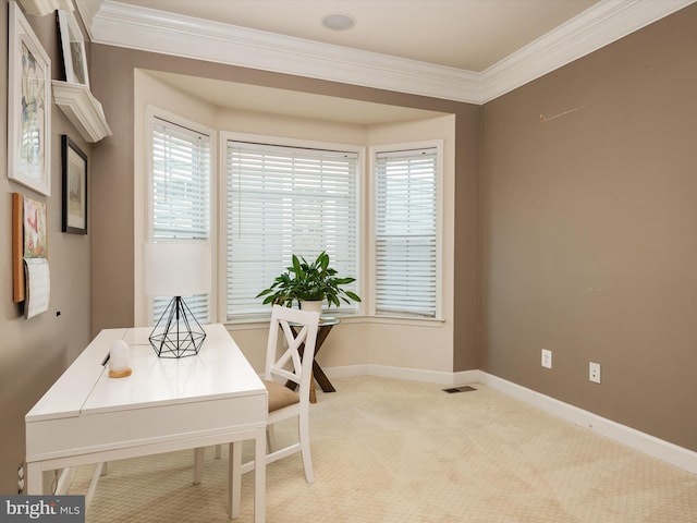 office with light carpet and crown molding