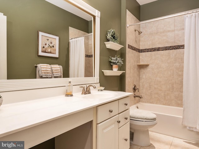 full bathroom with shower / tub combo with curtain, vanity, tile patterned flooring, and toilet